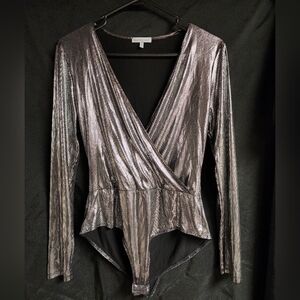 Charlotte Russe Shimmering Silver Wrap Bodysuit
